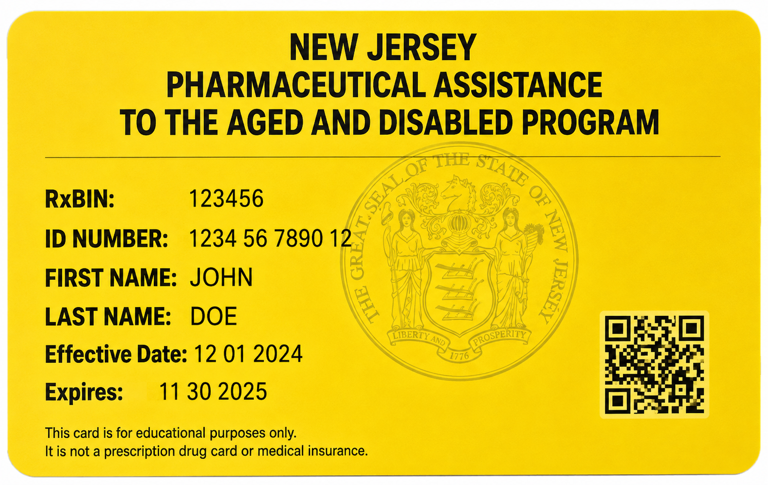 Sample New Jersey PAAD pharmaceutical assistance card